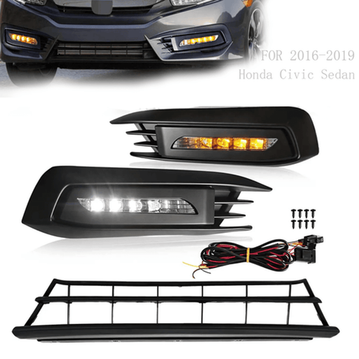 DURAFORCE Front Bumper Lower Grille & DRL Fog Light Lamp for 2016-2018 for Honda Civic