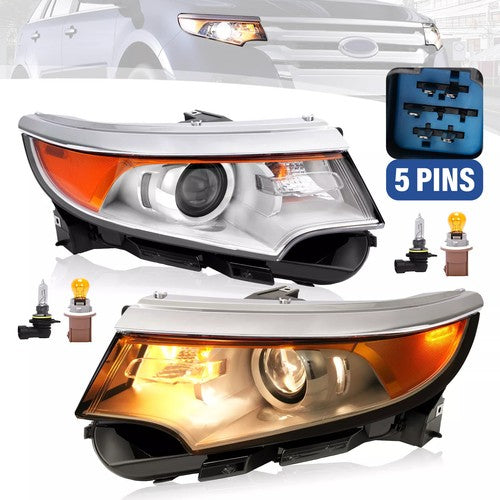DURAFORCE Headlamps Headlights Left Right for Ford Edge 2011 2014 Halogen Chrome Housing