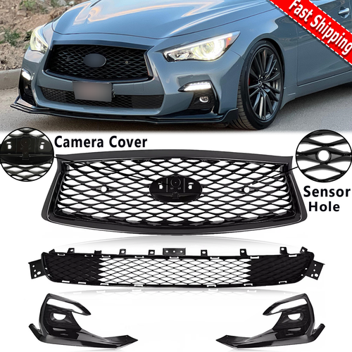 DURAFORCE For 2018-2024 Infiniti Q50 Sport Front Upper Lower Grille Fog Light Bezels Cover