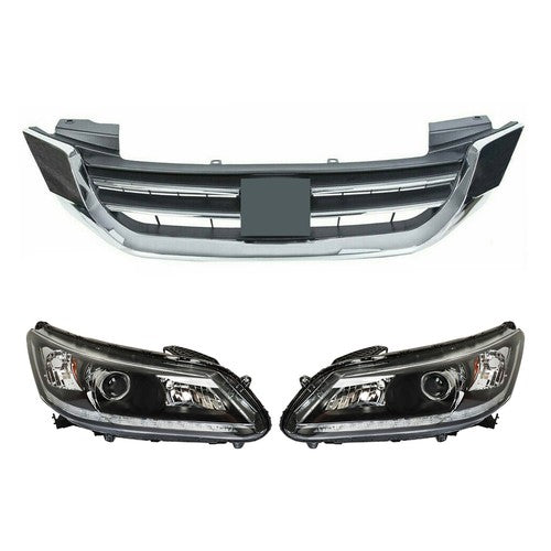 DURAFORCE Headlights W/LED DRL Halogen& Bumper Grille For 13-15 Honda Accord Chrome Pair