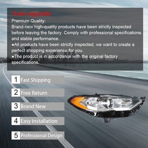 DURAFORCE Right Projector Headlight Chrome Housing With LED DRL For Ford Fusion 2017-2019