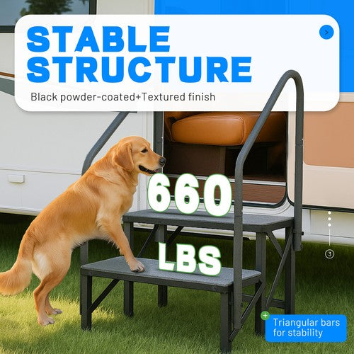 2 Step RV Steps With 2 Handrails And Step Mat 660 Lbs Load Capacity For Trailers