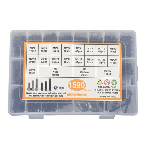 DURAFORCE 1590-Piece M3 Screw Kit with Hex Button & Socket Head Bolts, Nuts, and Washers