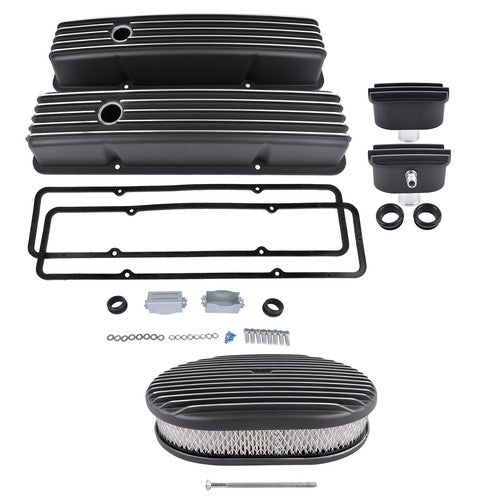 DURAFORCE For Chevy SBC 58-86 Finned Tall Valve Covers & 12" Air Cleaner & Breather Kit