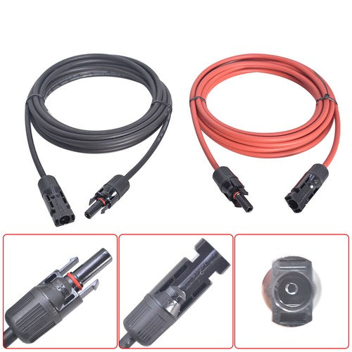 DURAFORCE 1Pair Solar Panel Extension Cable Wire Connector 12AWG 10ft Black + Red