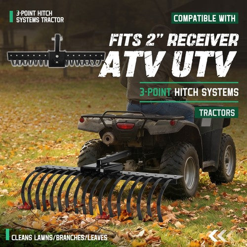DURAFORCE 48" Landscape Rake Pine Straw Rake Rock Rake Fits 2" Receiver ATV/UTV Tractors