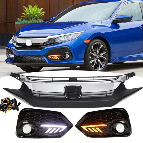 DURAFORCE LED DRL Fog Lights Cover & Chrome Grille Grill for 2016-2018 for Honda Civic Si