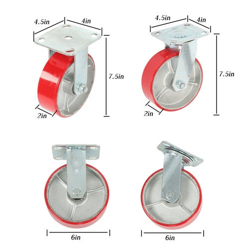 DURAFORCE 4 Pack Swivel Caster Wheels 6" × 2" Polyurethane 4800Lbs (2 Swivel & 2 Rigid)