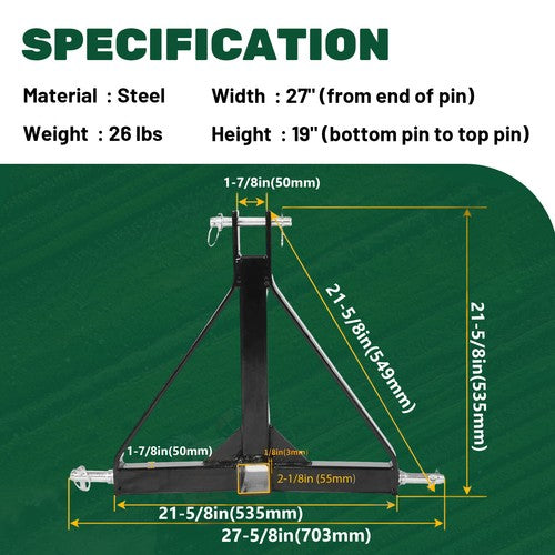 DURAFORCE 3 Point Hitch 2'' Trailer Receiver Hitch Tow Drawbar Category 1 Tractor Adapter