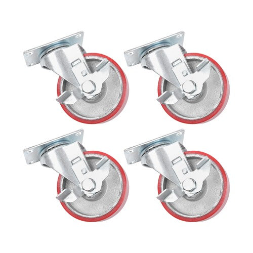 DURAFORCE Four 4-inch red polyurethane galvanized casters with side brakes