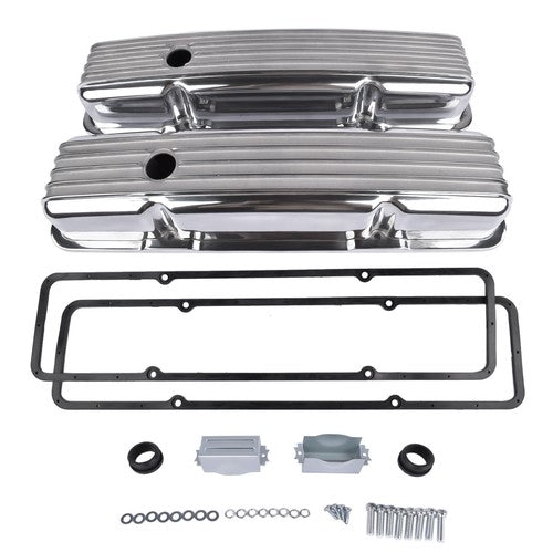 DURAFORCE Retro Finned Polished Aluminum Short Valve Covers Fits 1958-86 SBC Chevy 350 400