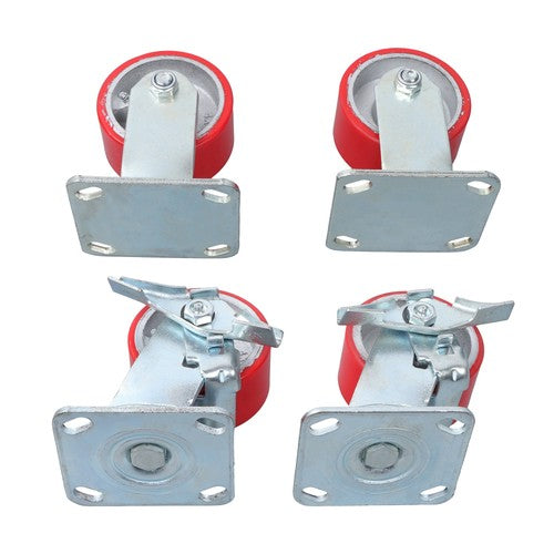 DURAFORCE 4 Heavy Duty Caster Set 4" Polyurethane on Cast Iron Wheels No Mark Red