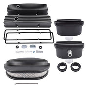 DURAFORCE Polished Aluminum Finned Tall Valve Cover & 12" Air Cleaner for SBC 58-86 Black