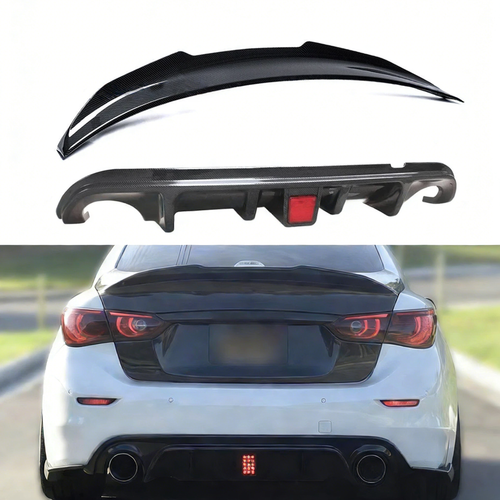 DURAFORCE Carbon Fiber Rear Bumper Diffuser Lip & Spoiler Wing Fit 2014-2017 Infiniti Q50