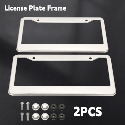 Chrome Stainless Steel Metal License Plate Frame Tag Cover With Screw Caps 2 Pack