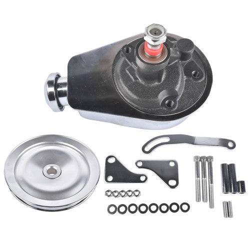 DURAFORCE For Chevy SBC 265 283 Chrome Steel Power Steering Pump With Bracket Kit & Pulley