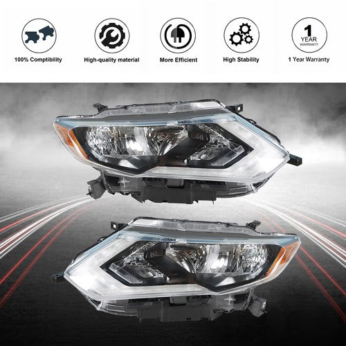 DURAFORCE LH+RH For Nissan Rogue 2017-2019 Headlamps Assembly Clear Lens Halogen Chrome