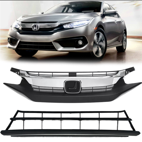 DURAFORCE Front Bumper Upper Lower Grille Grill Chrome for 2016-2018 for Honda Civic