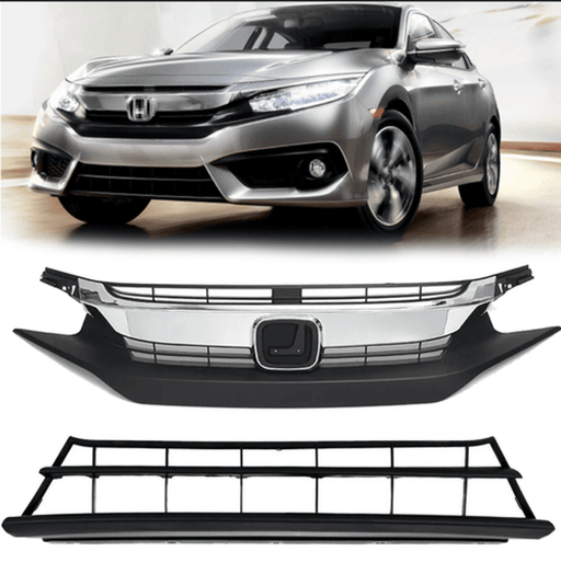 DURAFORCE Front Bumper Upper Lower Grille Grill Chrome for 2016-2018 for Honda Civic