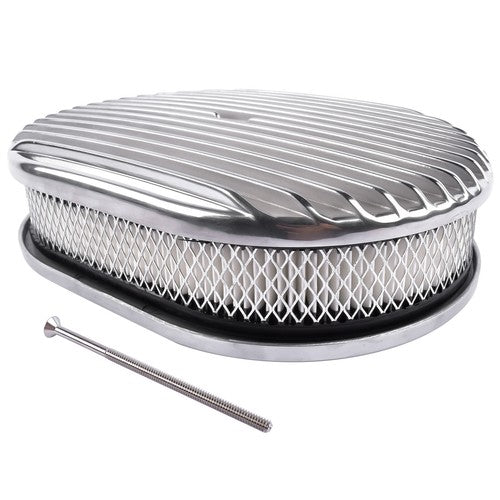 DURAFORCE Polished Aluminum 12" Oval Fully Finned Air Cleaner 4 Barrel For SBC BBC Chevy