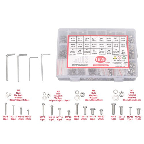 DURAFORCE 1625× M2 M3 M4 M5 Metric Screw Assortment, 304 Stainless Steel Bolts & Nuts