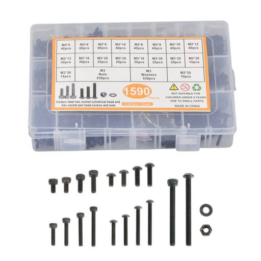 DURAFORCE 1590 pcs M3 Screw Kit with Hex Button and Socket Head Bolts, Nuts, and Washers
