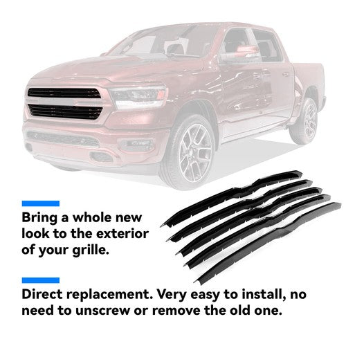 Gloss Black Grille Cover Overlay Trim for Dodge Ram 1500 2019 to 2023