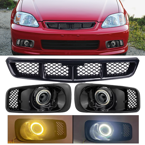 DURAFORCE Front Grille LED Double Colour Fog Lights Lamps for Honda Civic 1999-2000 JDM