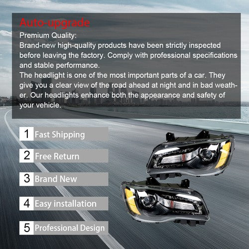 DURAFORCE Headlight Black Pair Projector For Chrysler 300 11-14 Passenger + Driver Side