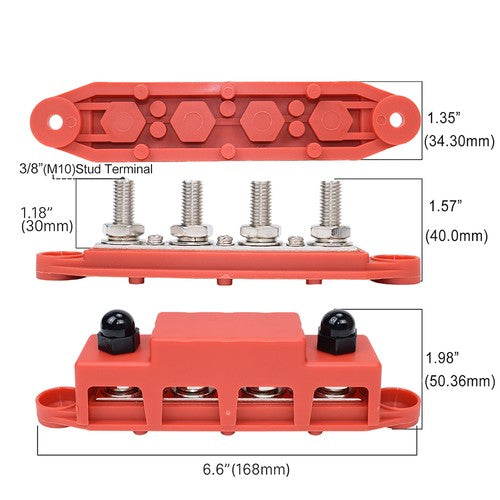 DURAFORCE 3/8" / 250A 4 Stud Busbar Bus Bar Power Distribution Terminal Block Red&Black