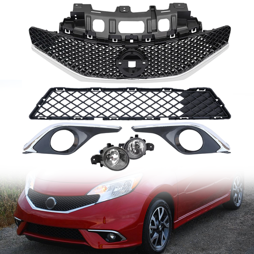 DURAFORCE 6pcs Front Bumper Upper Lower Grille+Fog Lights For 2015-2016 Nissan Versa Note