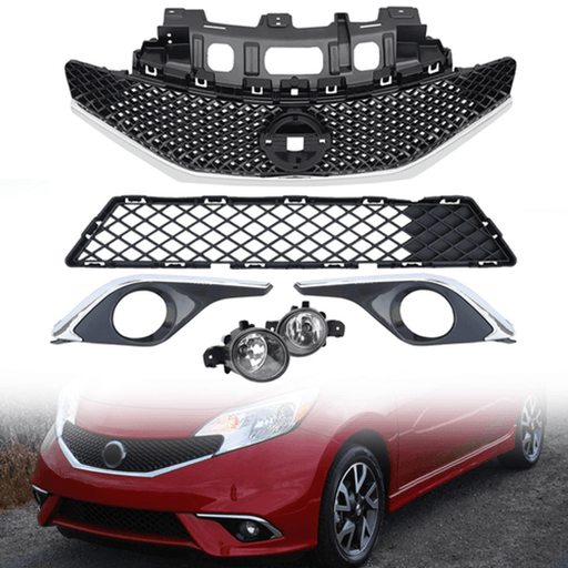 DURAFORCE 6pcs Front Bumper Upper Lower Grille+Fog Lights For 2015-2016 Nissan Versa Note