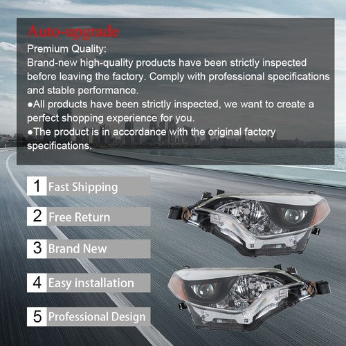 DURAFORCE Halogen Front Headlight Lamps Chrome For Toyota Corolla 2014-16 Left+Right Side