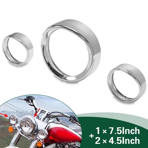 DURAFORCE 7" Headlight 4.5" Fog Light Visor Trim Ring Bezel Cover For Harley Dyna Softail