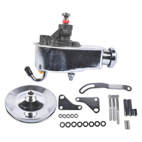 DURAFORCE For Chevy SBC 265 283 Chrome Steel Power Steering Pump With Bracket Kit & Pulley