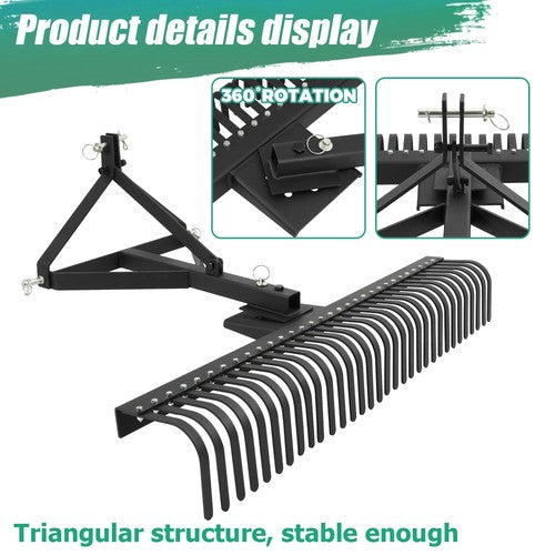 DURAFORCE 3 Point Landscape Rake 60" 5 FT For Cat 1 Tractor Loader Hookup 360° Rotation