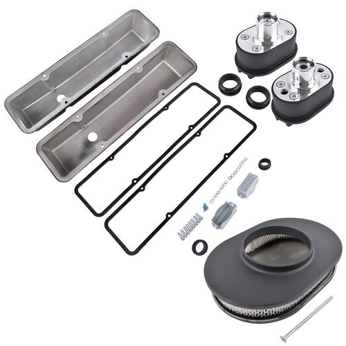 DURAFORCE Finned Tall Valve Covers & 12 Oval Full Air Cleaner & Breather Kit for SBC Black