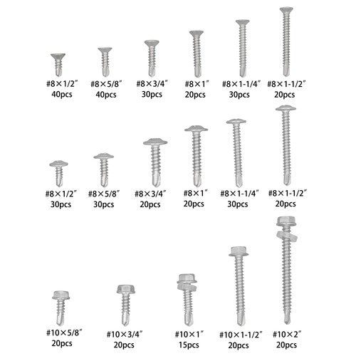 DURAFORCE 425 Pcs 410 Stainless Steel Self-Tapping Screws, #8 #10 Self-Drilling Set