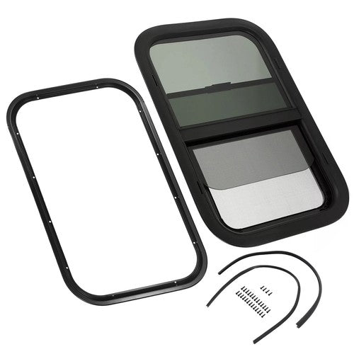 24 Inch By 15 Inch For Camper Cargo Trailer Slider RV Window With Trim Ring Screen Black