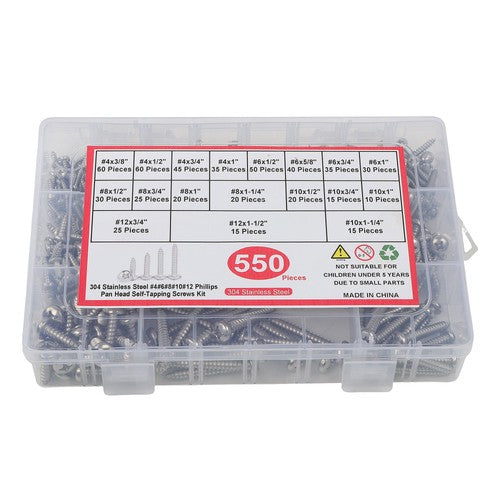 DURAFORCE 550Pack 304 Stainless steel wood screws kits countersunk #4 #6 #8 #10 #12 W/Box