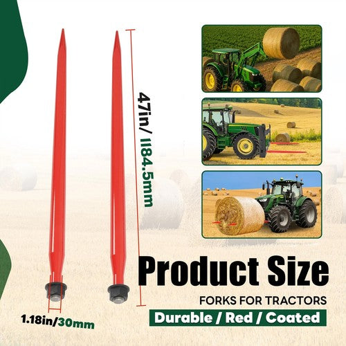 DURAFORCE 2Pcs Hay Bale Spear 47" 3000 lbs Quick Attach Spike Fork for Tractors Loaders