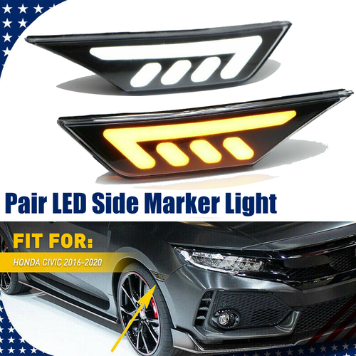 DURAFORCE Black LED Front Bumper Side Marker Light Turn Signal for 2016-2021 for Honda Civic