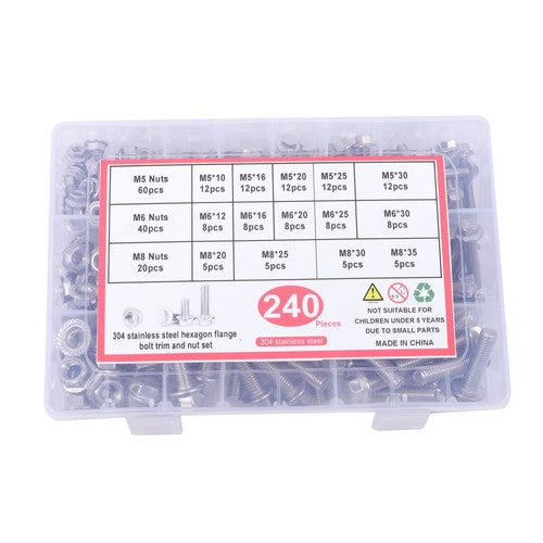 DURAFORCE 240 Pcs Flanged Stainless Steel Bolts and Nuts Kit M5, M6, M8 Metric Assortment