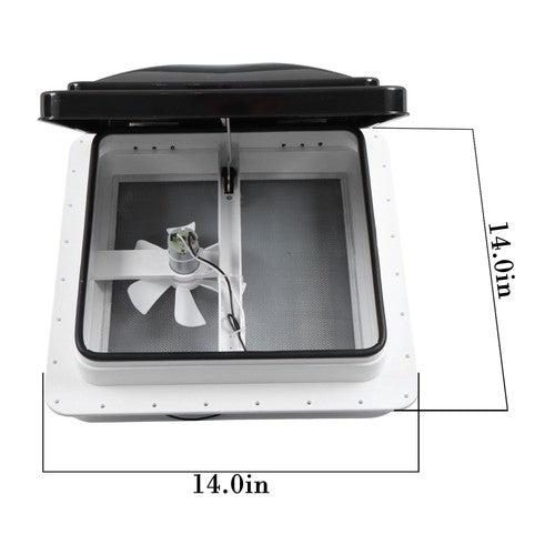 DURAFORCE 14" x 14" 12V Reversible FAN Kit RV Roof Vent For Camper Manual Lift Black Lid