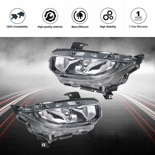 DURAFORCE Headlight Assembly For Honda Civic 2016-2020 Headlamps Left + Right Side Halogen