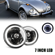 DURAFORCE For 1950-1979 VW Beetle Pair 7" Inch Round LED Headlights Halo Cold White LH RH