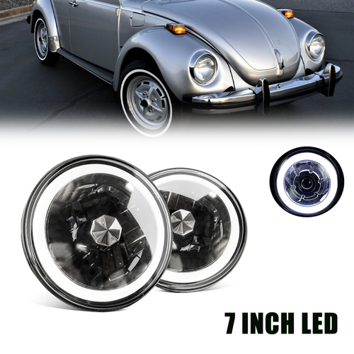 DURAFORCE For 1950-1979 VW Beetle Pair 7" Inch Round LED Headlights Halo Cold White LH RH