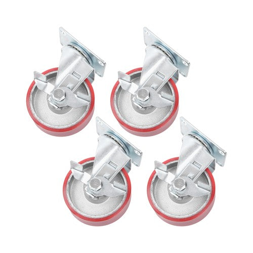 DURAFORCE Four 4-inch red polyurethane galvanized casters with side brakes