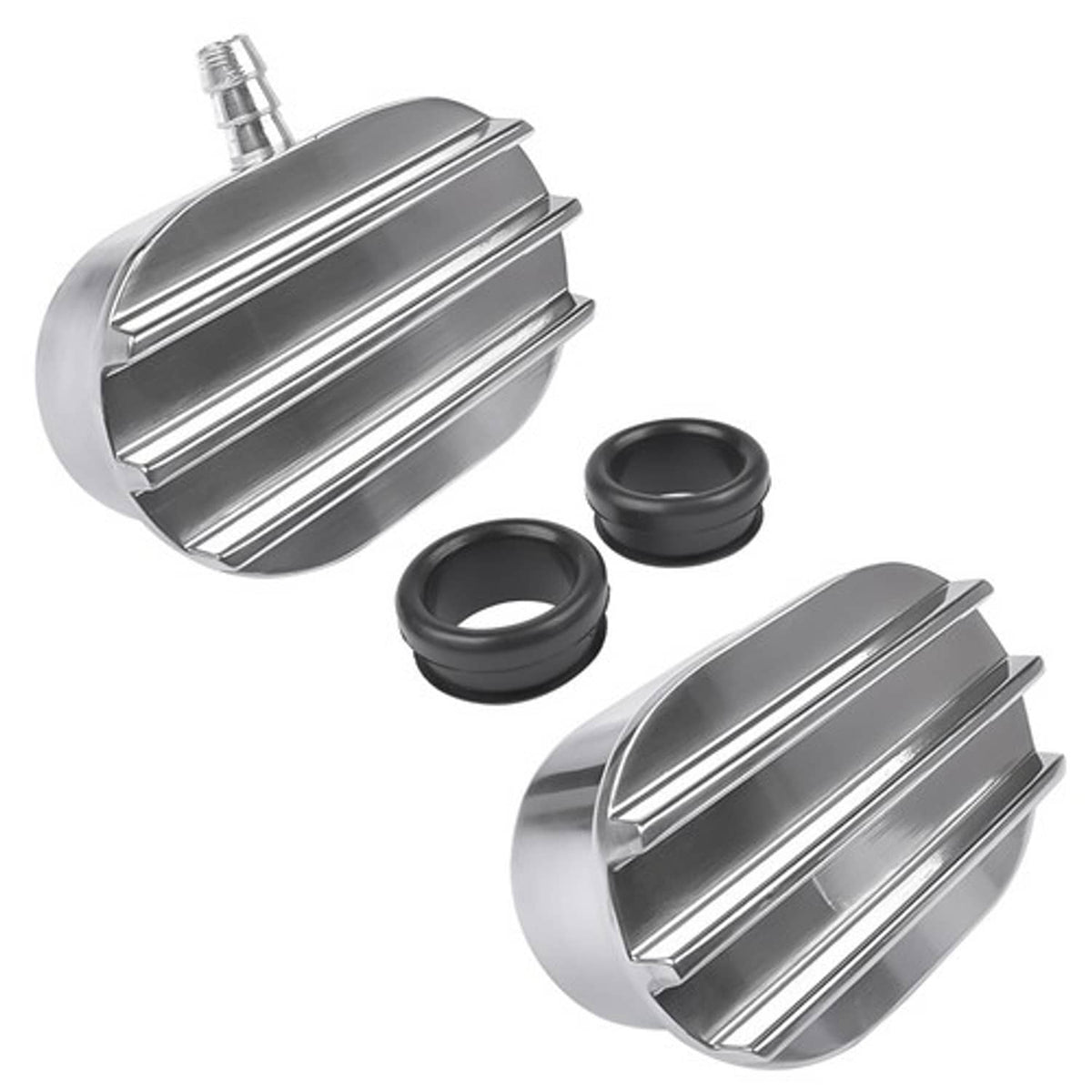 Polished Aluminum Finned Oval PCV + Push-in Breather Combo Valve Cover ...