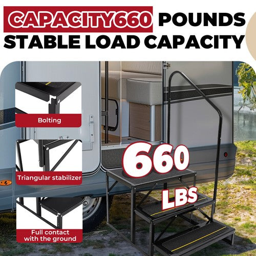 3 Step Anti-Slip 660lbs Stair With Handrail for RV Camper Hot Tub Portable